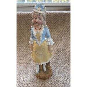 Antique German Bisque Porcelain Figurine  Girl Blue Dress Bonnet 19th Century